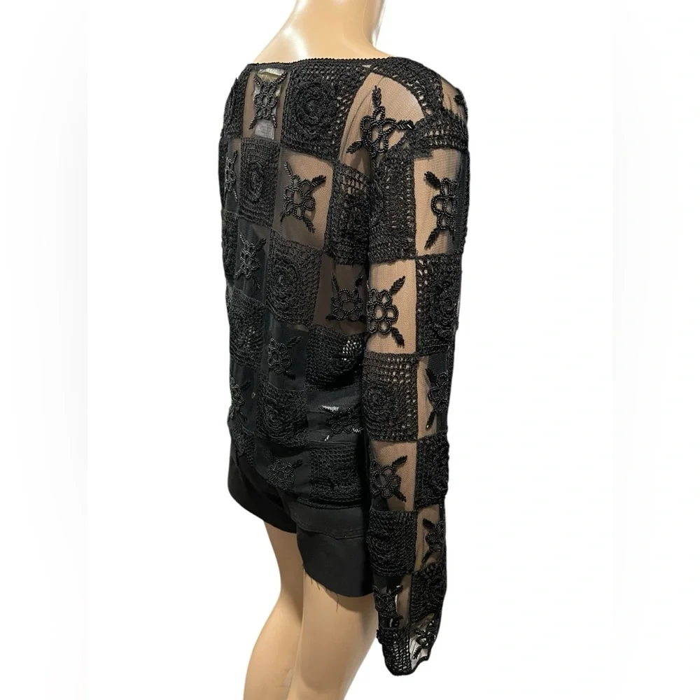 Y2K Vintage CACHE Crotchet Top Womens Size 6 Mesh Beaded Black Boho Festival